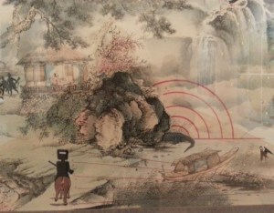 Fig 3: Guan Wei, Ned Kelly encounters the troops in the Mystic Mountains, 2003, inks on rice paper, 70.5 x 173 cm, collection of Dr Garry Helprin. Photo collection of the author.